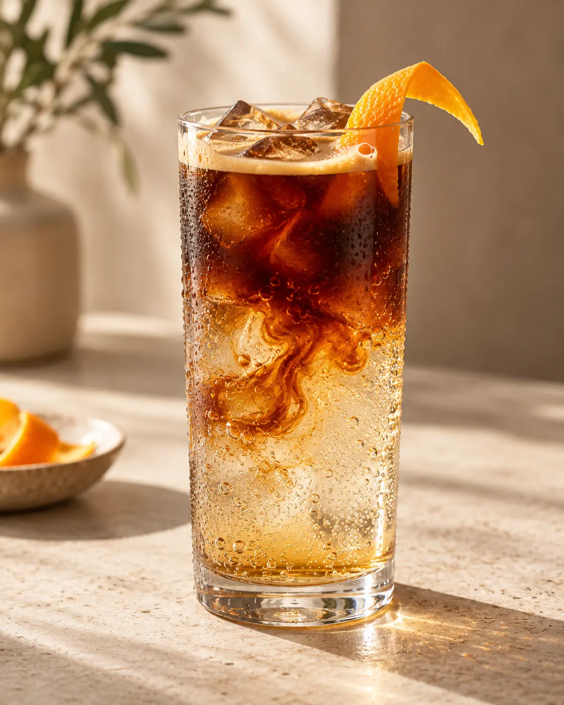 A tall clear glass of espresso tonic with ice, espresso cascading into sparkling tonic water creating amber layers, an orange peel twist, condensation droplets, on a light stone surface, vertical 3:4. Ultra-realistic editorial coffee photography, brand palette of charcoal grey (#4B4A4A), warm stone grey (#6F6A63), soft gold (#BC9361) highlights and clean white, soft directional natural light, shallow depth of field, premium minimal art direction, high detail, no text, no logos, no watermark.