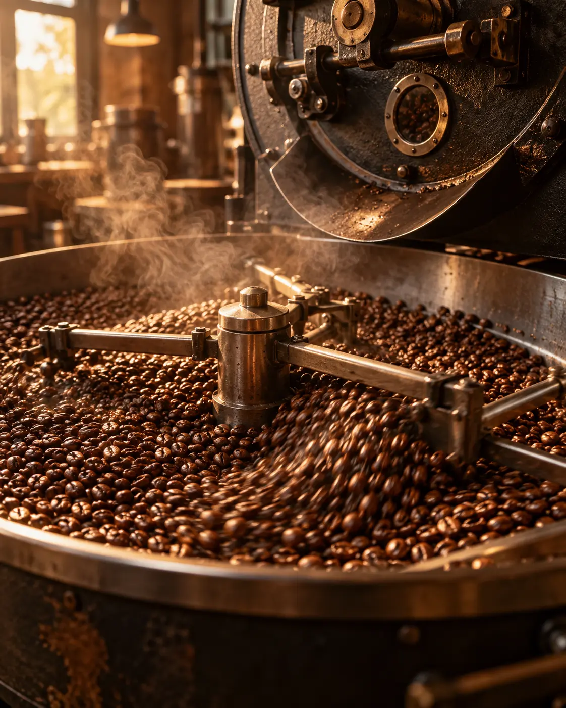 Freshly roasted coffee beans tumbling in the rotating cooling tray of a vintage cast-iron drum roaster, slight motion blur, glowing amber light and faint smoke, vertical 3:4. Ultra-realistic editorial coffee photography, brand palette of charcoal grey (#4B4A4A), warm stone grey (#6F6A63), soft gold (#BC9361) highlights and clean white, soft directional natural light, shallow depth of field, premium minimal art direction, high detail, no text, no logos, no watermark.