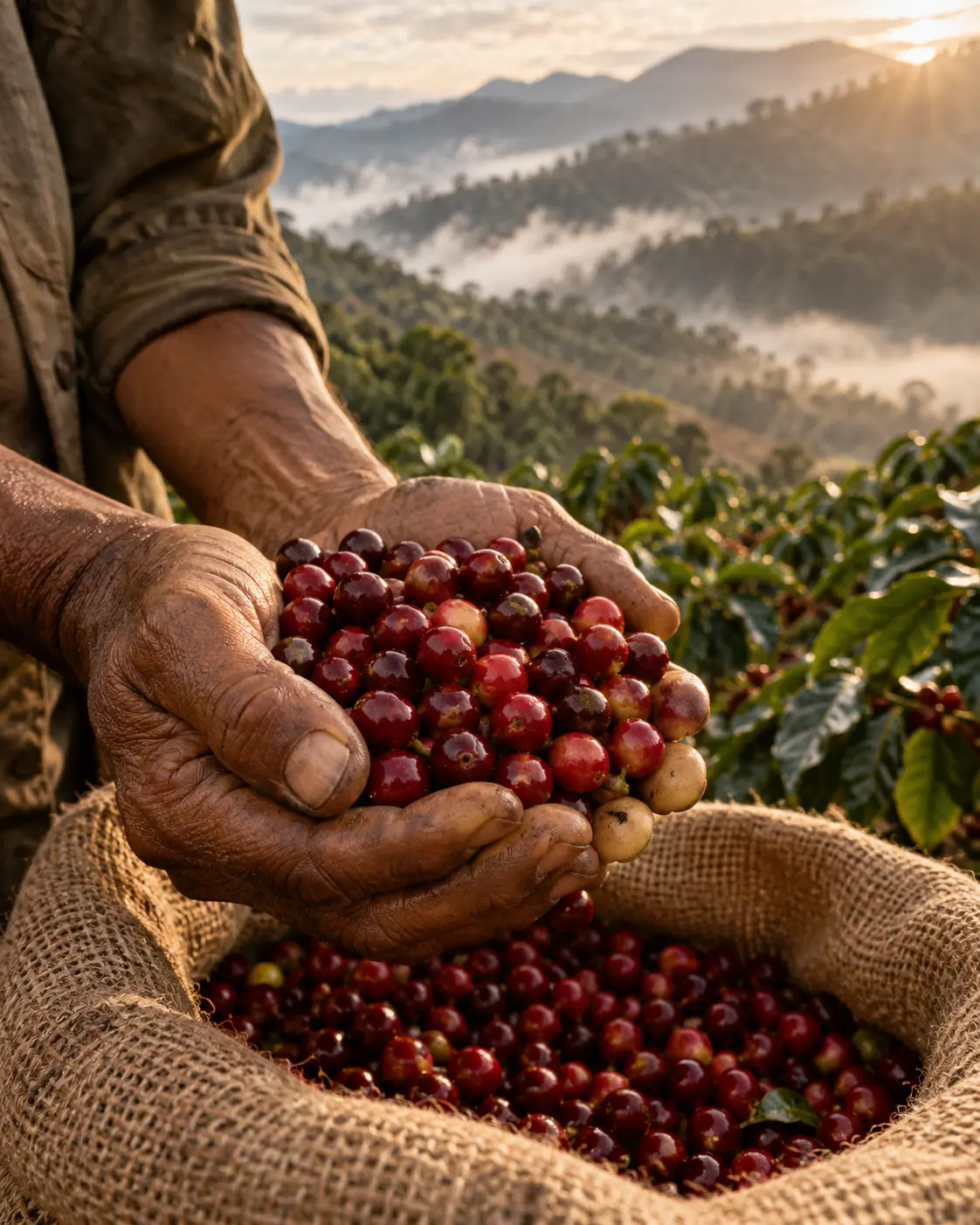 Close-up of weathered farmer hands holding freshly picked ripe red coffee cherries over a jute sack, high-altitude coffee farm softly blurred behind, morning mist, vertical 3:4. Ultra-realistic editorial coffee photography, brand palette of charcoal grey (#4B4A4A), warm stone grey (#6F6A63), soft gold (#BC9361) highlights and clean white, soft directional natural light, shallow depth of field, premium minimal art direction, high detail, no text, no logos, no watermark.