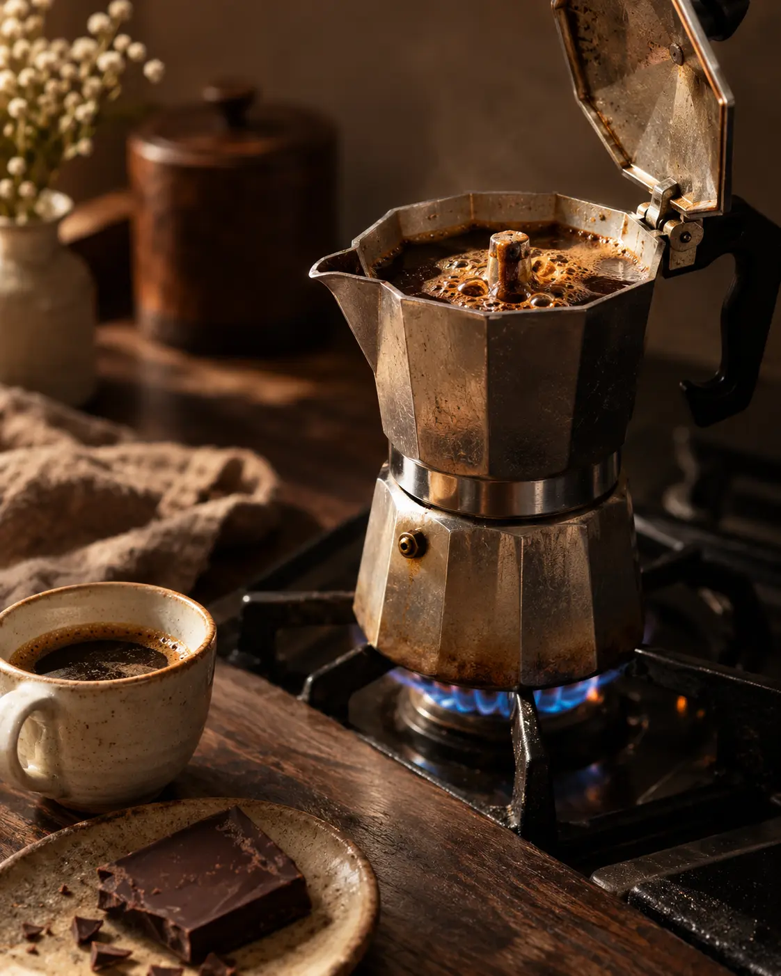 A small aluminium moka pot on a gas flame with rich coffee bubbling up, a cup of coffee and a piece of dark chocolate beside it on a dark wooden counter, vertical 4:5. Ultra-realistic editorial coffee photography, brand palette of charcoal grey (#4B4A4A), warm stone grey (#6F6A63), soft gold (#BC9361) highlights and clean white, soft directional natural light, shallow depth of field, premium minimal art direction, high detail, no text, no logos, no watermark.