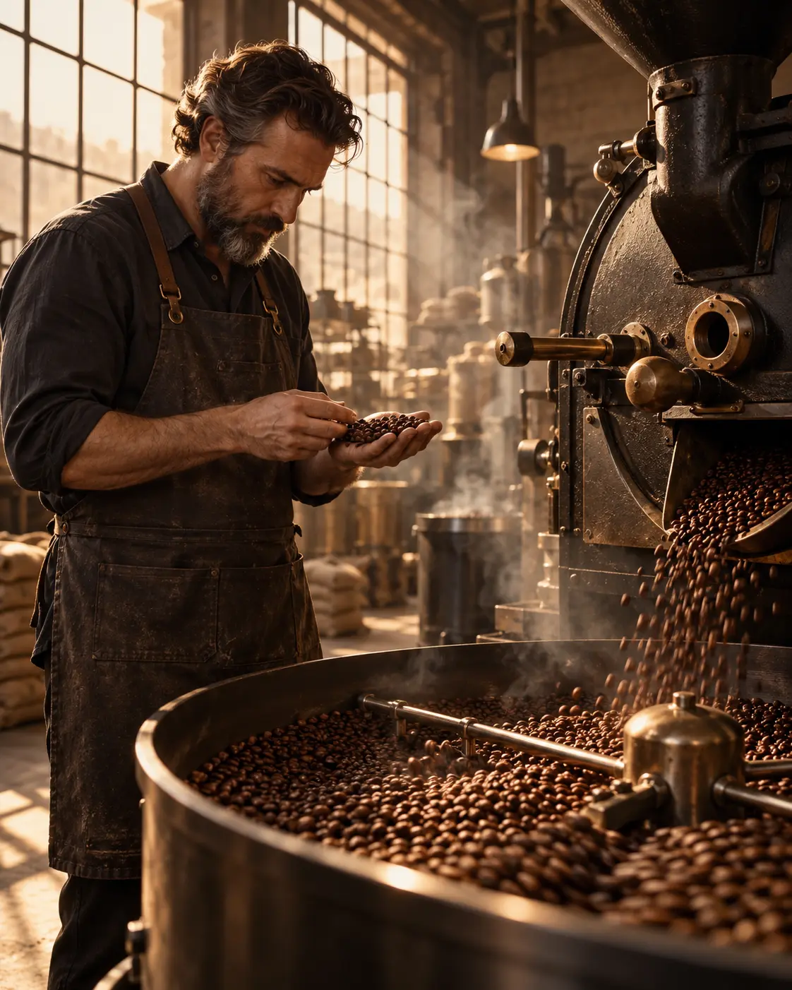 A master roaster in a dark linen apron inspecting a handful of freshly roasted coffee beans beside a vintage cast-iron drum roaster, beans swirling in the cooling tray, warm amber light through a large factory window, faint smoke, artisan roastery interior, vertical 4:5. Ultra-realistic editorial coffee photography, brand palette of charcoal grey (#4B4A4A), warm stone grey (#6F6A63), soft gold (#BC9361) highlights and clean white, soft directional natural light, shallow depth of field, premium minimal art direction, high detail, no text, no logos, no watermark.