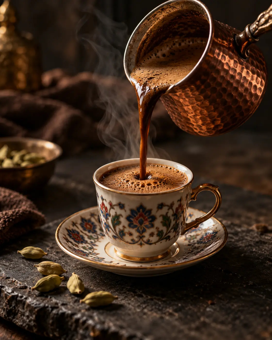 A hammered copper Turkish coffee cezve pouring thick foamy coffee into a small ornate porcelain cup, a few green cardamom pods on a dark slate surface, wisps of steam, vertical 4:5. Ultra-realistic editorial coffee photography, brand palette of charcoal grey (#4B4A4A), warm stone grey (#6F6A63), soft gold (#BC9361) highlights and clean white, soft directional natural light, shallow depth of field, premium minimal art direction, high detail, no text, no logos, no watermark.