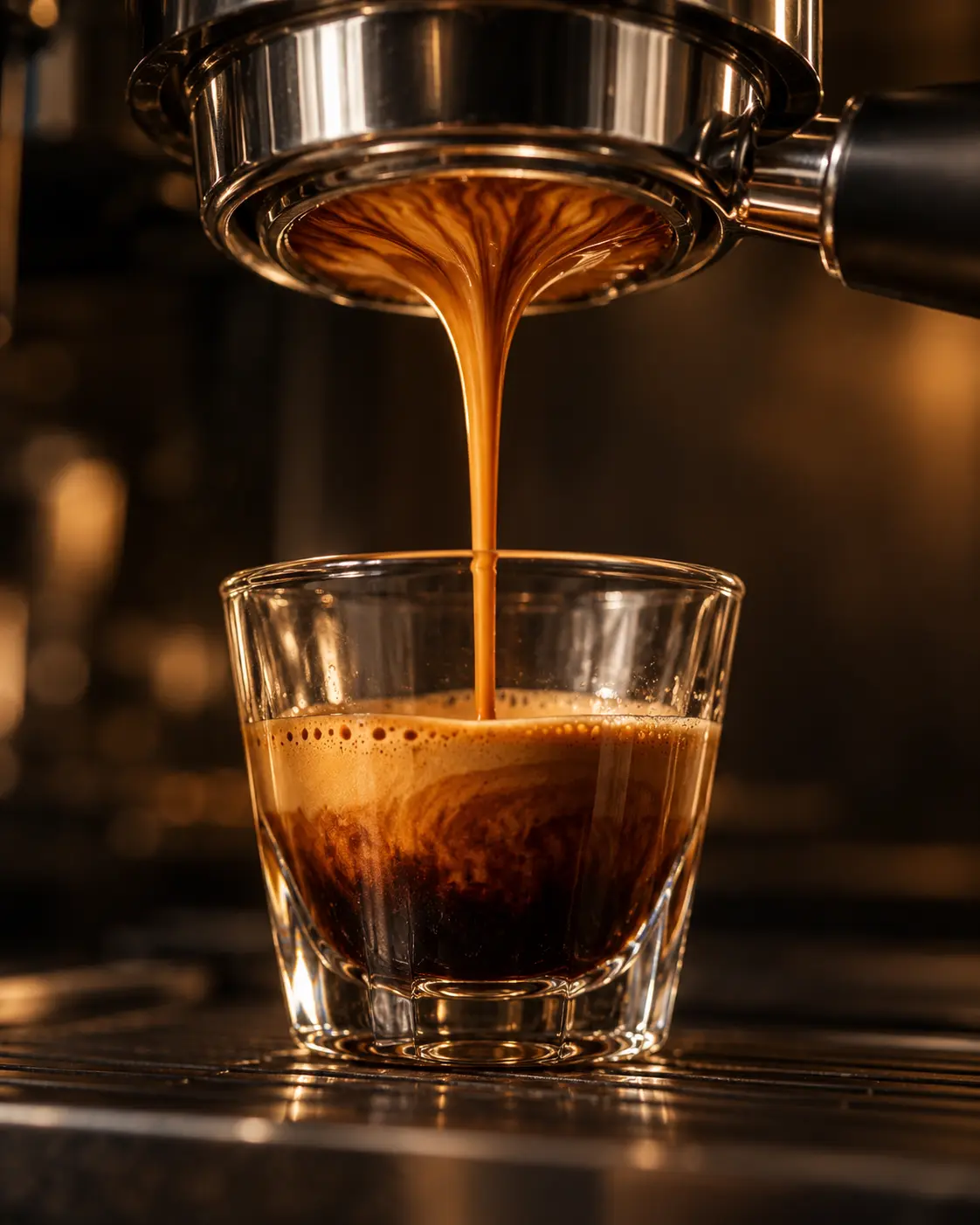 A shot of espresso pouring from a bottomless portafilter into a small glass cup, thick tiger-striped crema forming, dramatic dark background with warm caramel rim light, vertical 4:5. Ultra-realistic editorial coffee photography, brand palette of charcoal grey (#4B4A4A), warm stone grey (#6F6A63), soft gold (#BC9361) highlights and clean white, soft directional natural light, shallow depth of field, premium minimal art direction, high detail, no text, no logos, no watermark.