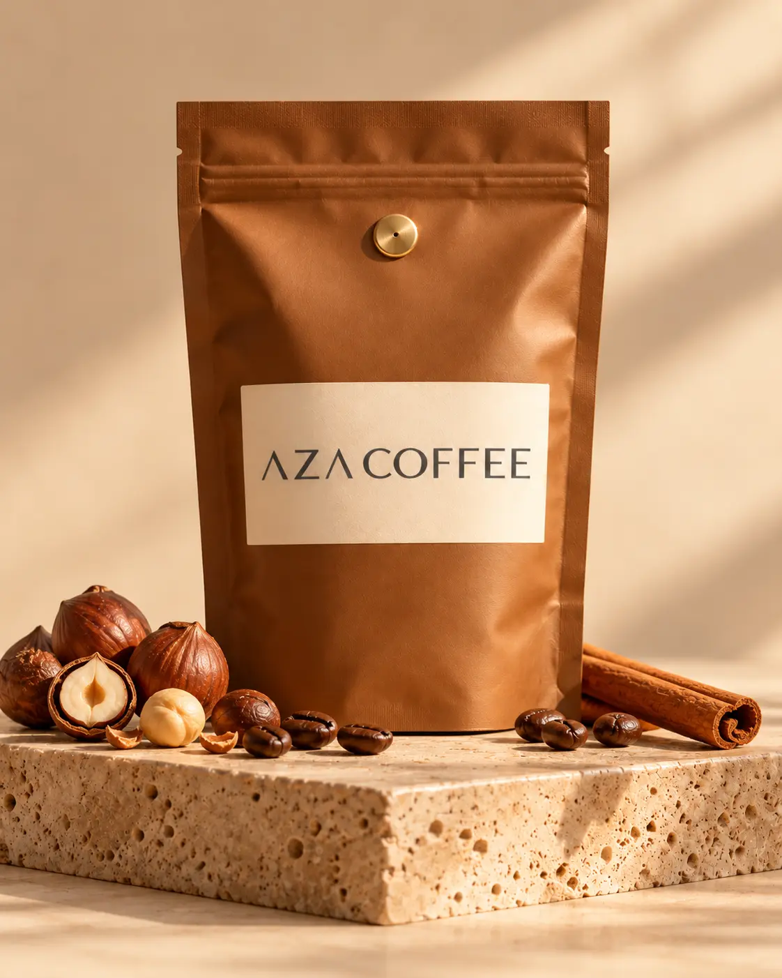 Product packshot of a matte warm caramel stand-up coffee pouch with a blank cream label and a small brass valve, standing upright on a warm travertine plinth, a few roasted beans and a few toasted hazelnuts and a cinnamon stick beside it, seamless soft white backdrop, soft studio light from the right, gentle long shadow, vertical 4:5. Ultra-realistic editorial coffee photography, brand palette of charcoal grey (#4B4A4A), warm stone grey (#6F6A63), soft gold (#BC9361) highlights and clean white, soft directional natural light, shallow depth of field, premium minimal art direction, high detail, no text, no logos, no watermark.