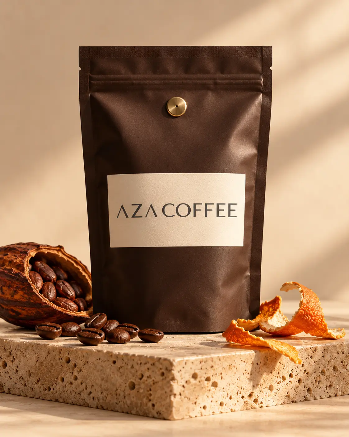 Product packshot of a matte deep espresso brown stand-up coffee pouch with a blank cream label and a small brass valve, standing upright on a warm travertine plinth, a few roasted beans and a curl of dried orange peel and a cocoa pod half beside it, seamless soft white backdrop, soft studio light from the right, gentle long shadow, vertical 4:5. Ultra-realistic editorial coffee photography, brand palette of charcoal grey (#4B4A4A), warm stone grey (#6F6A63), soft gold (#BC9361) highlights and clean white, soft directional natural light, shallow depth of field, premium minimal art direction, high detail, no text, no logos, no watermark.
