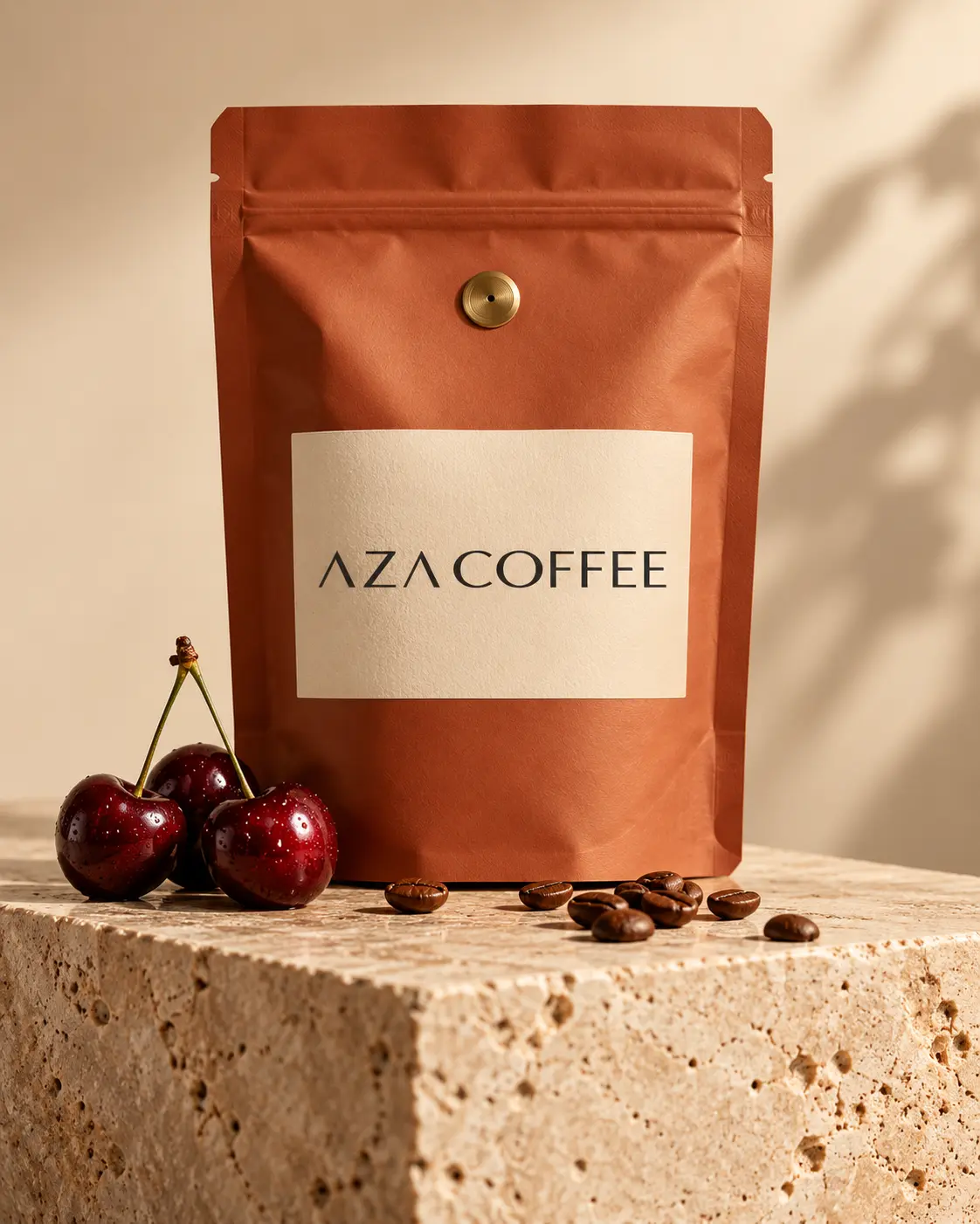 Product packshot of a matte terracotta stand-up coffee pouch with a blank cream label and a small brass valve, standing upright on a warm travertine plinth, a few roasted beans and a few dark red sour cherries beside it, seamless soft white backdrop, soft studio light from the right, gentle long shadow, vertical 4:5. Ultra-realistic editorial coffee photography, brand palette of charcoal grey (#4B4A4A), warm stone grey (#6F6A63), soft gold (#BC9361) highlights and clean white, soft directional natural light, shallow depth of field, premium minimal art direction, high detail, no text, no logos, no watermark.