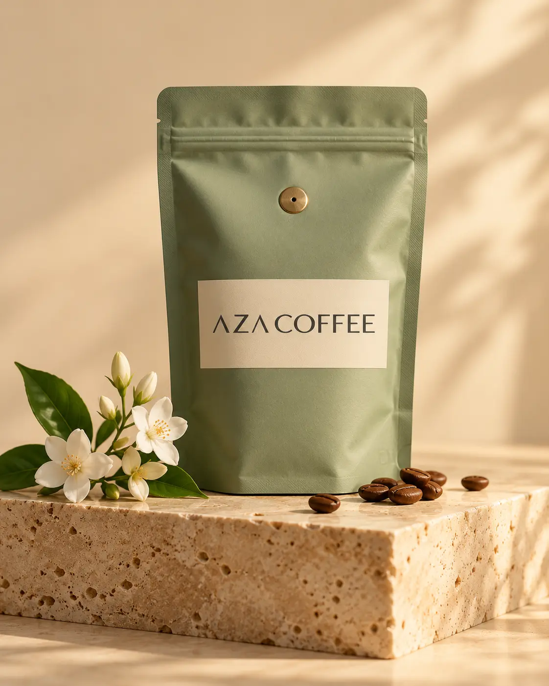 Product packshot of a matte sage green stand-up coffee pouch with a blank cream label and a small brass valve, standing upright on a warm travertine plinth, a few roasted beans and a sprig of white jasmine flowers beside it, seamless soft white backdrop, soft studio light from the right, gentle long shadow, vertical 4:5. Ultra-realistic editorial coffee photography, brand palette of charcoal grey (#4B4A4A), warm stone grey (#6F6A63), soft gold (#BC9361) highlights and clean white, soft directional natural light, shallow depth of field, premium minimal art direction, high detail, no text, no logos, no watermark.