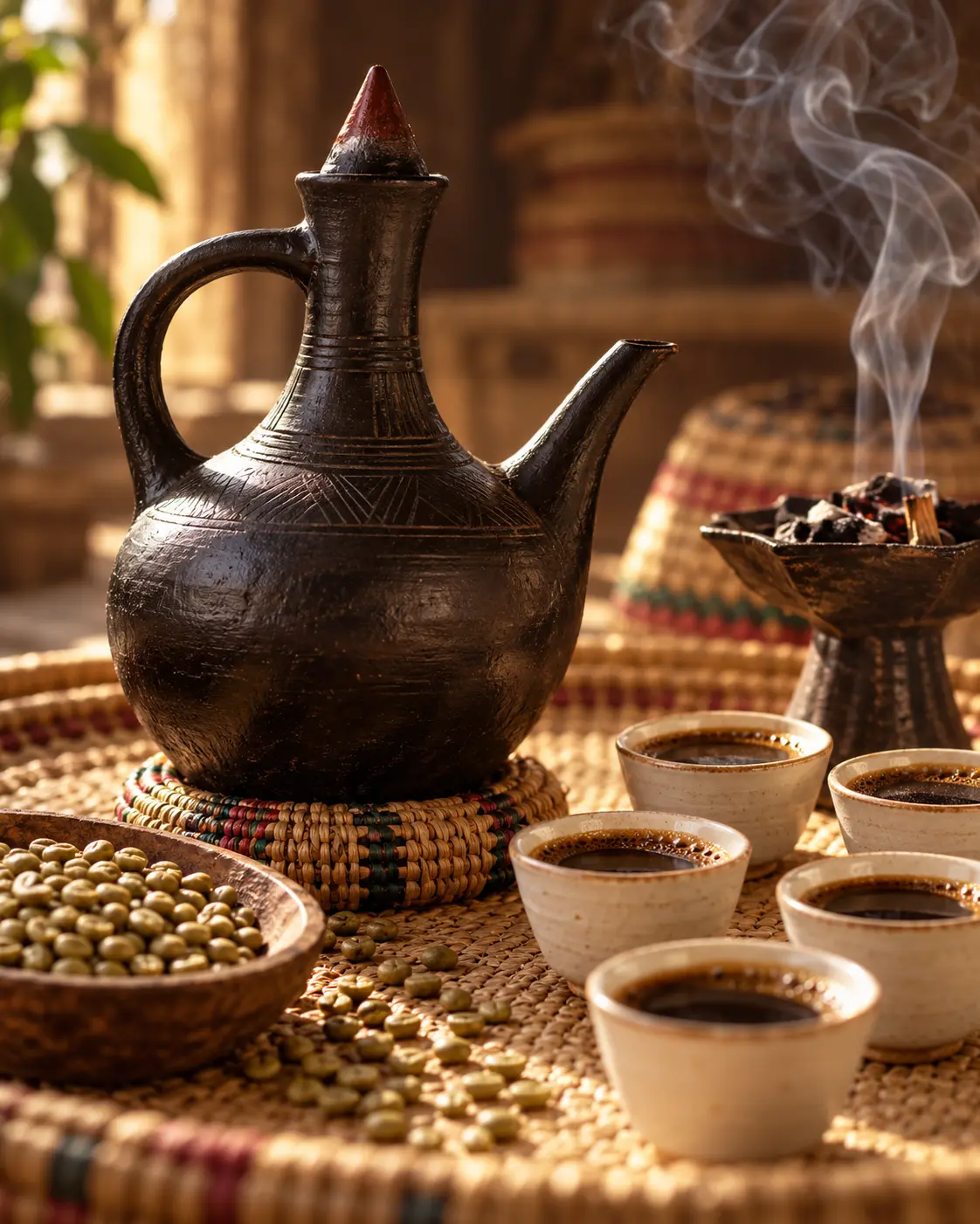 Ethiopian coffee ceremony detail: a traditional black clay jebena pot, small handleless ceramic cups on a woven grass mat, a few green coffee beans and incense smoke, warm natural light, vertical 3:4. Ultra-realistic editorial coffee photography, brand palette of charcoal grey (#4B4A4A), warm stone grey (#6F6A63), soft gold (#BC9361) highlights and clean white, soft directional natural light, shallow depth of field, premium minimal art direction, high detail, no text, no logos, no watermark.