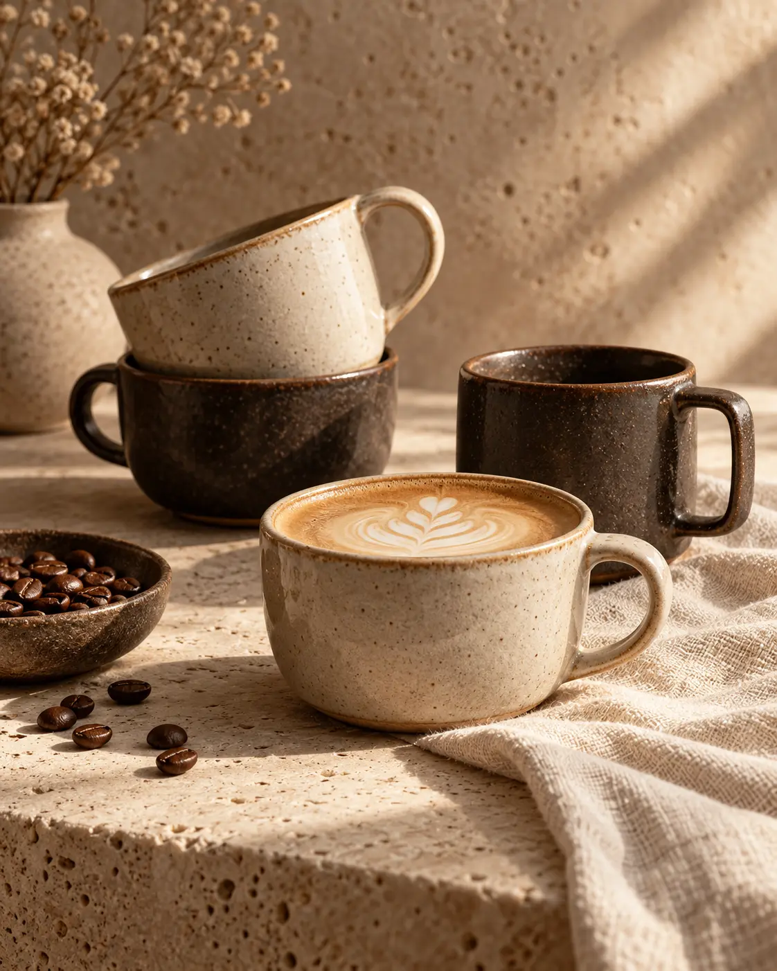 Handmade stoneware coffee mugs and small cups in earthy cream and espresso glazes, casually stacked, one holding a latte. Minimal premium still life on a warm cream linen and travertine backdrop, soft window light from the right, gentle long shadow, vertical 4:5. Ultra-realistic editorial coffee photography, brand palette of charcoal grey (#4B4A4A), warm stone grey (#6F6A63), soft gold (#BC9361) highlights and clean white, soft directional natural light, shallow depth of field, premium minimal art direction, high detail, no text, no logos, no watermark.