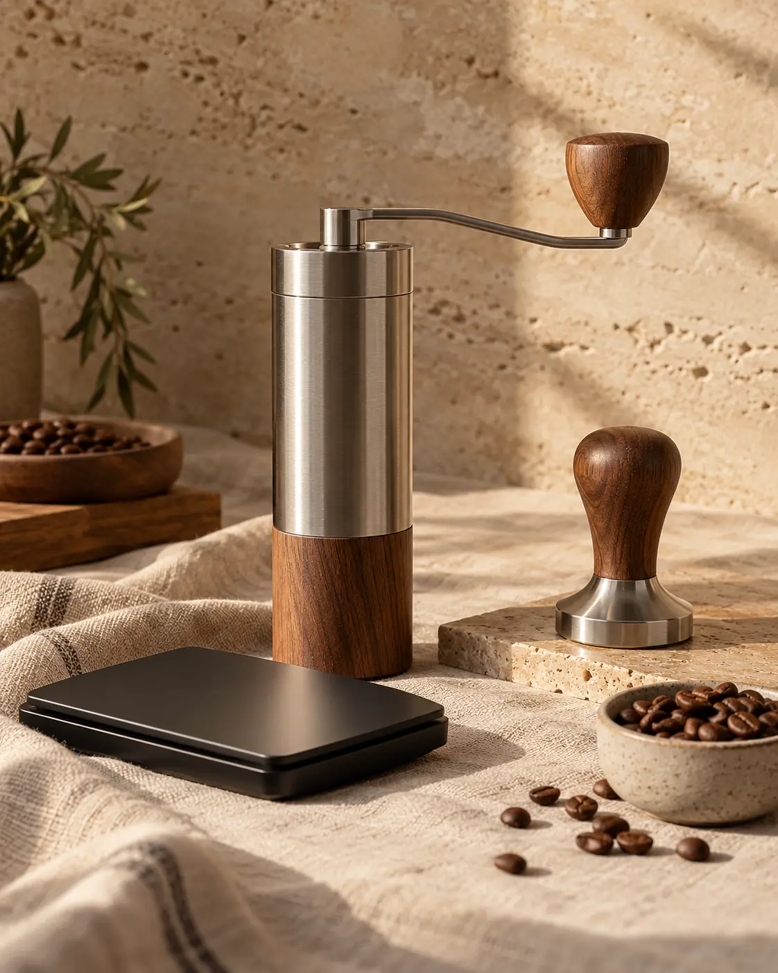 A premium hand coffee grinder in brushed steel and walnut wood, a slim digital coffee scale and a wooden-handled tamper. Minimal premium still life on a warm cream linen and travertine backdrop, soft window light from the right, gentle long shadow, vertical 4:5. Ultra-realistic editorial coffee photography, brand palette of charcoal grey (#4B4A4A), warm stone grey (#6F6A63), soft gold (#BC9361) highlights and clean white, soft directional natural light, shallow depth of field, premium minimal art direction, high detail, no text, no logos, no watermark.