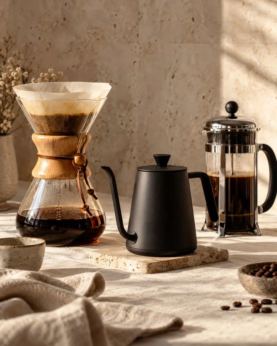 Minimal arrangement of brewing tools: a glass Chemex, a matte black gooseneck kettle and a French press, neatly composed. Minimal premium still life on a warm cream linen and travertine backdrop, soft window light from the right, gentle long shadow, vertical 4:5. Ultra-realistic editorial coffee photography, brand palette of charcoal grey (#4B4A4A), warm stone grey (#6F6A63), soft gold (#BC9361) highlights and clean white, soft directional natural light, shallow depth of field, premium minimal art direction, high detail, no text, no logos, no watermark.