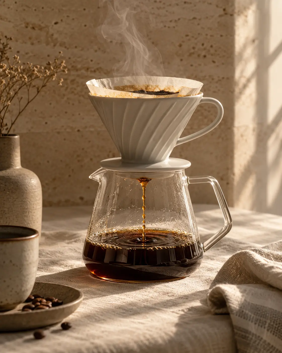 A glass pour-over carafe with a white ceramic V60 dripper on top, a slow amber stream of filtered coffee, delicate steam. Minimal premium still life on a warm cream linen and travertine backdrop, soft window light from the right, gentle long shadow, vertical 4:5. Ultra-realistic editorial coffee photography, brand palette of charcoal grey (#4B4A4A), warm stone grey (#6F6A63), soft gold (#BC9361) highlights and clean white, soft directional natural light, shallow depth of field, premium minimal art direction, high detail, no text, no logos, no watermark.