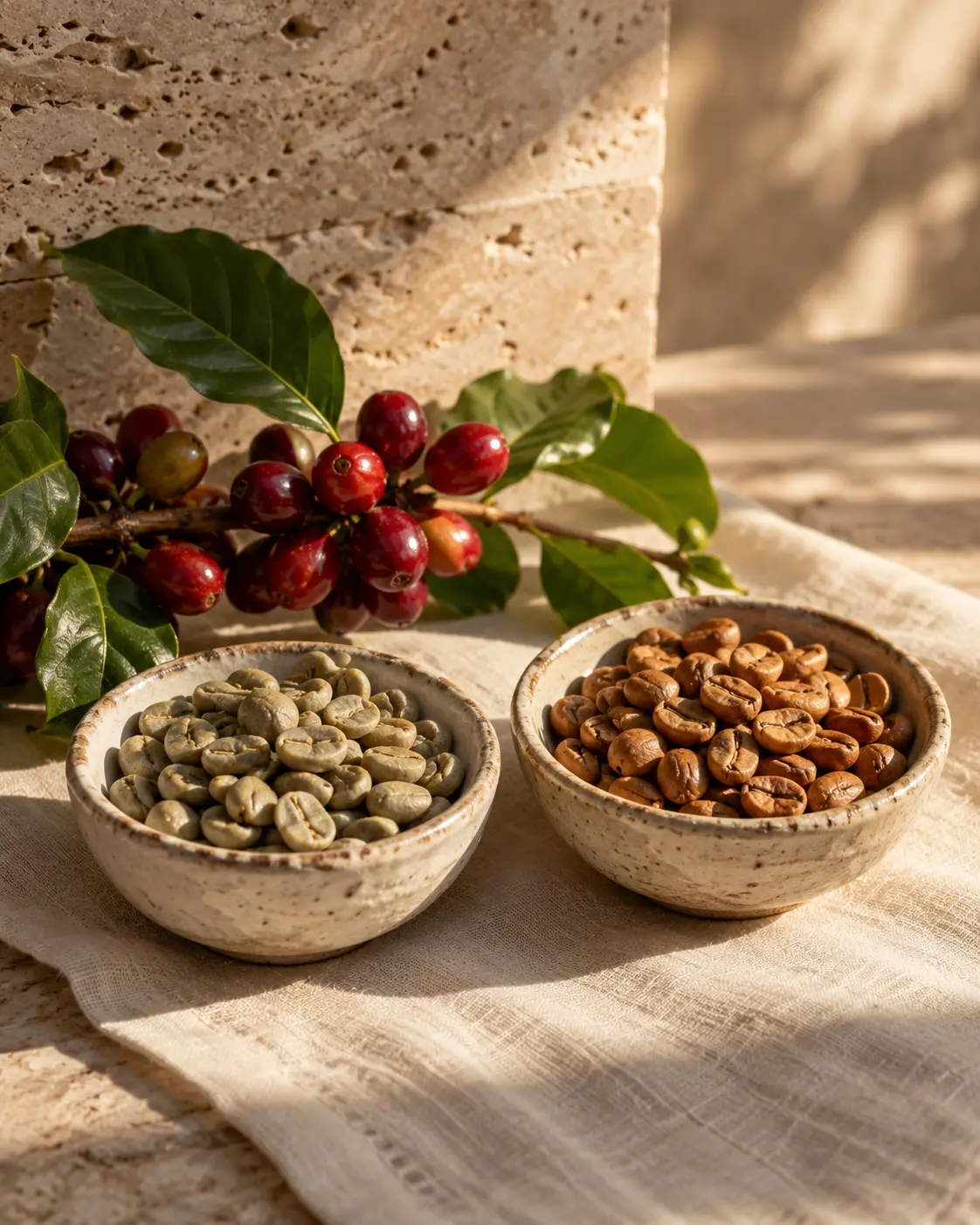 Two small handmade ceramic dishes side by side, one with green unroasted coffee beans and one with light roasted beans, a branch of ripe red coffee cherries laid beside them. Minimal premium still life on a warm cream linen and travertine backdrop, soft window light from the right, gentle long shadow, vertical 4:5. Ultra-realistic editorial coffee photography, brand palette of charcoal grey (#4B4A4A), warm stone grey (#6F6A63), soft gold (#BC9361) highlights and clean white, soft directional natural light, shallow depth of field, premium minimal art direction, high detail, no text, no logos, no watermark.