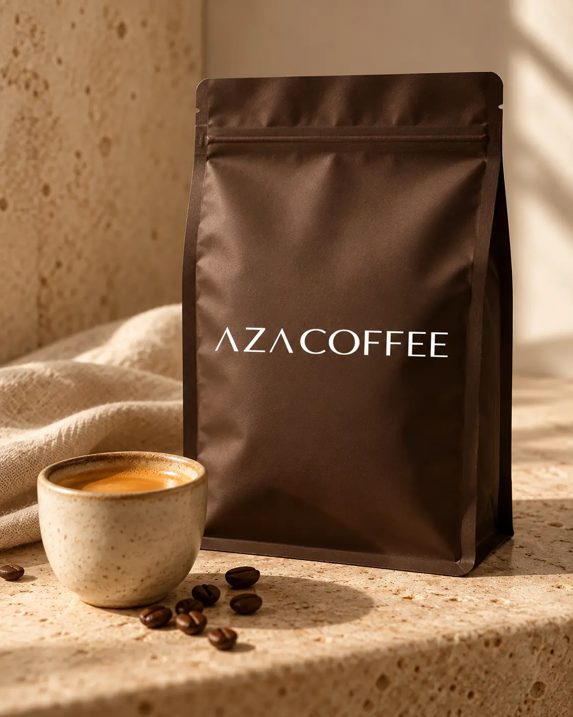 A matte espresso-brown stand-up coffee bag with a blank label beside a small cup of espresso with rich hazel crema. Minimal premium still life on a warm cream linen and travertine backdrop, soft window light from the right, gentle long shadow, vertical 4:5. Ultra-realistic editorial coffee photography, brand palette of charcoal grey (#4B4A4A), warm stone grey (#6F6A63), soft gold (#BC9361) highlights and clean white, soft directional natural light, shallow depth of field, premium minimal art direction, high detail, no text, no logos, no watermark.
