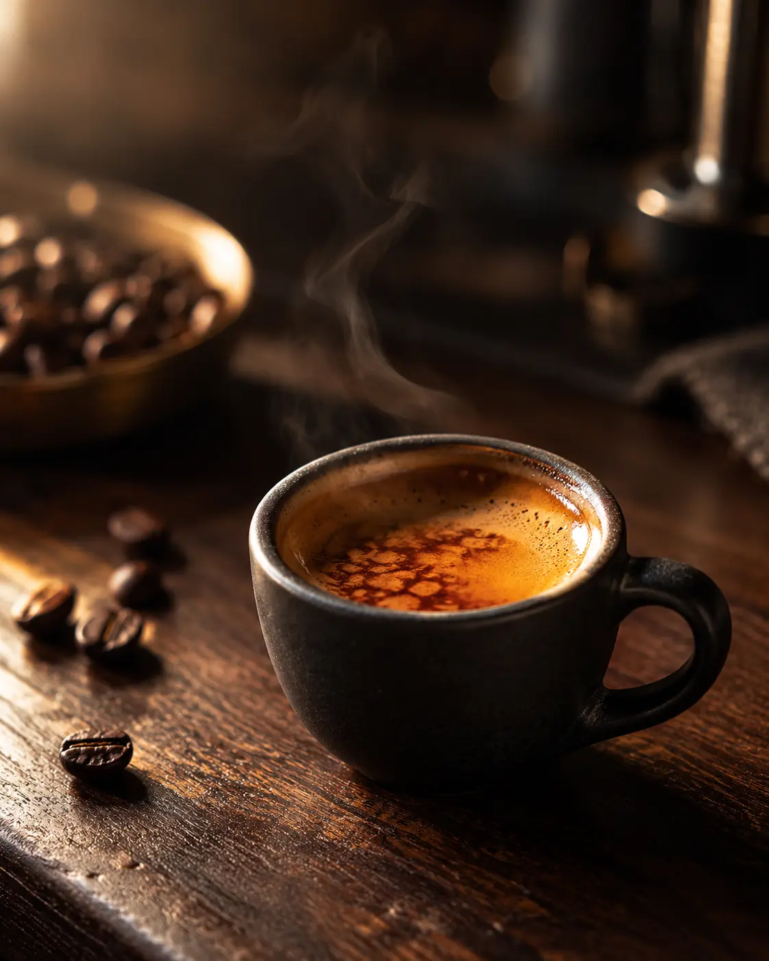 A freshly pulled double espresso in a small matte charcoal ceramic cup on a dark walnut café counter, thick tiger-striped golden crema, a thin wisp of steam backlit by warm side light, a few dark roasted coffee beans softly out of focus, deep espresso-brown shadows, moody cinematic luxury atmosphere, subject placed in the lower half because the top of the frame is cropped into an arch, vertical 4:5.