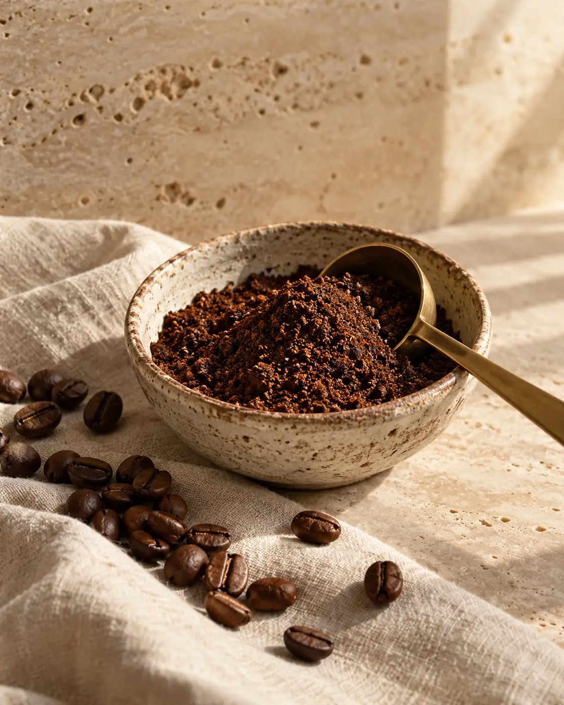 Freshly ground coffee in a small handmade ceramic bowl with a brass measuring scoop, fine grounds texture clearly visible, a few whole beans around. Minimal premium still life on a warm cream linen and travertine backdrop, soft window light from the right, gentle long shadow, vertical 4:5. Ultra-realistic editorial coffee photography, brand palette of charcoal grey (#4B4A4A), warm stone grey (#6F6A63), soft gold (#BC9361) highlights and clean white, soft directional natural light, shallow depth of field, premium minimal art direction, high detail, no text, no logos, no watermark.