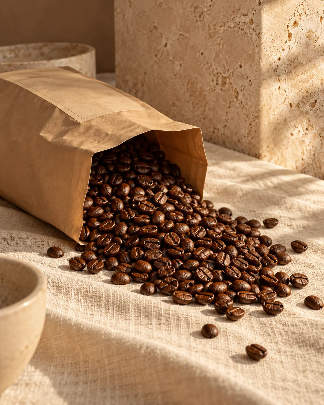 A generous heap of glossy medium-dark roasted whole coffee beans spilling from an open matte kraft bag with a blank label. Minimal premium still life on a warm cream linen and travertine backdrop, soft window light from the right, gentle long shadow, vertical 4:5. Ultra-realistic editorial coffee photography, brand palette of charcoal grey (#4B4A4A), warm stone grey (#6F6A63), soft gold (#BC9361) highlights and clean white, soft directional natural light, shallow depth of field, premium minimal art direction, high detail, no text, no logos, no watermark.