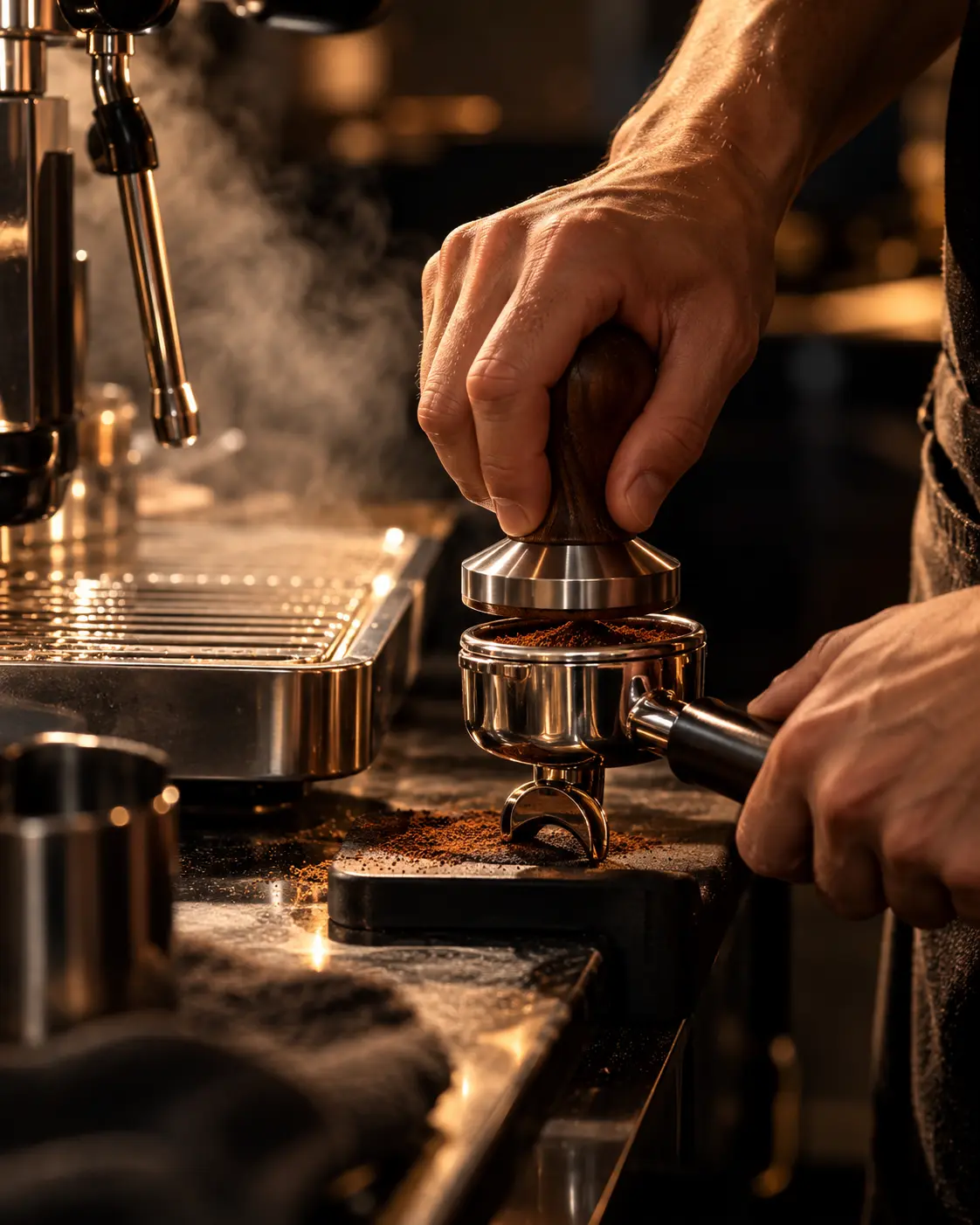 A barista’s hands tamping espresso into a portafilter at a professional espresso machine, steam wand mist, dark moody background with warm rim light, square 1:1. Ultra-realistic editorial coffee photography, brand palette of charcoal grey (#4B4A4A), warm stone grey (#6F6A63), soft gold (#BC9361) highlights and clean white, soft directional natural light, shallow depth of field, premium minimal art direction, high detail, no text, no logos, no watermark.
