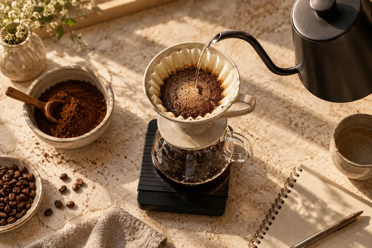 Overhead editorial shot of a pour-over brewing setup on a light travertine counter: ceramic V60 on a glass carafe, gooseneck kettle, digital scale, a small bowl of ground coffee and a notebook, morning window light, horizontal 4:3. Ultra-realistic editorial coffee photography, brand palette of charcoal grey (#4B4A4A), warm stone grey (#6F6A63), soft gold (#BC9361) highlights and clean white, soft directional natural light, shallow depth of field, premium minimal art direction, high detail, no text, no logos, no watermark.