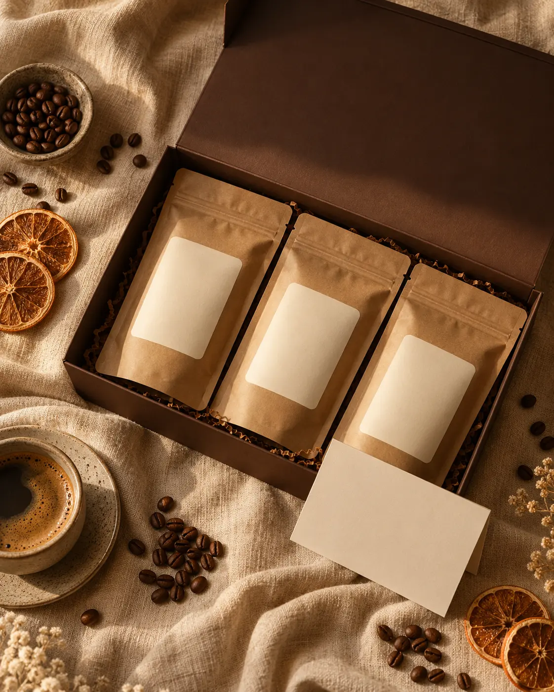 Premium coffee subscription box flat-lay: an open matte espresso-brown gift box holding three resealable kraft coffee bags with blank labels, a blank folded card, scattered roasted beans and dried orange slices on warm sand linen, top-down, horizontal 16:10. Ultra-realistic editorial coffee photography, brand palette of charcoal grey (#4B4A4A), warm stone grey (#6F6A63), soft gold (#BC9361) highlights and clean white, soft directional natural light, shallow depth of field, premium minimal art direction, high detail, no text, no logos, no watermark.