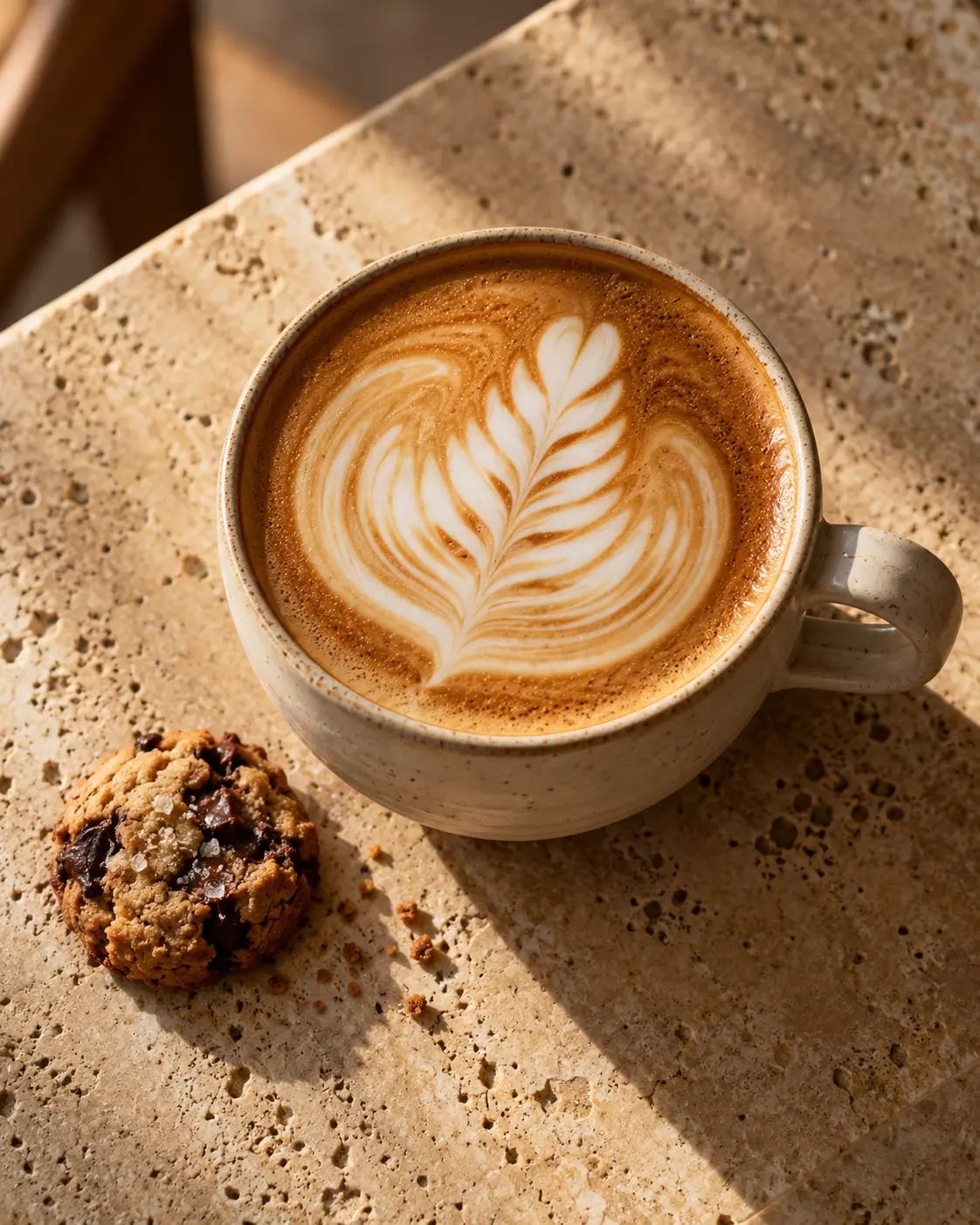 Overhead close-up of a flat white with a perfect rosetta latte art in a handmade cream ceramic cup on a travertine table, a small cookie beside it, square 1:1. Ultra-realistic editorial coffee photography, brand palette of charcoal grey (#4B4A4A), warm stone grey (#6F6A63), soft gold (#BC9361) highlights and clean white, soft directional natural light, shallow depth of field, premium minimal art direction, high detail, no text, no logos, no watermark.