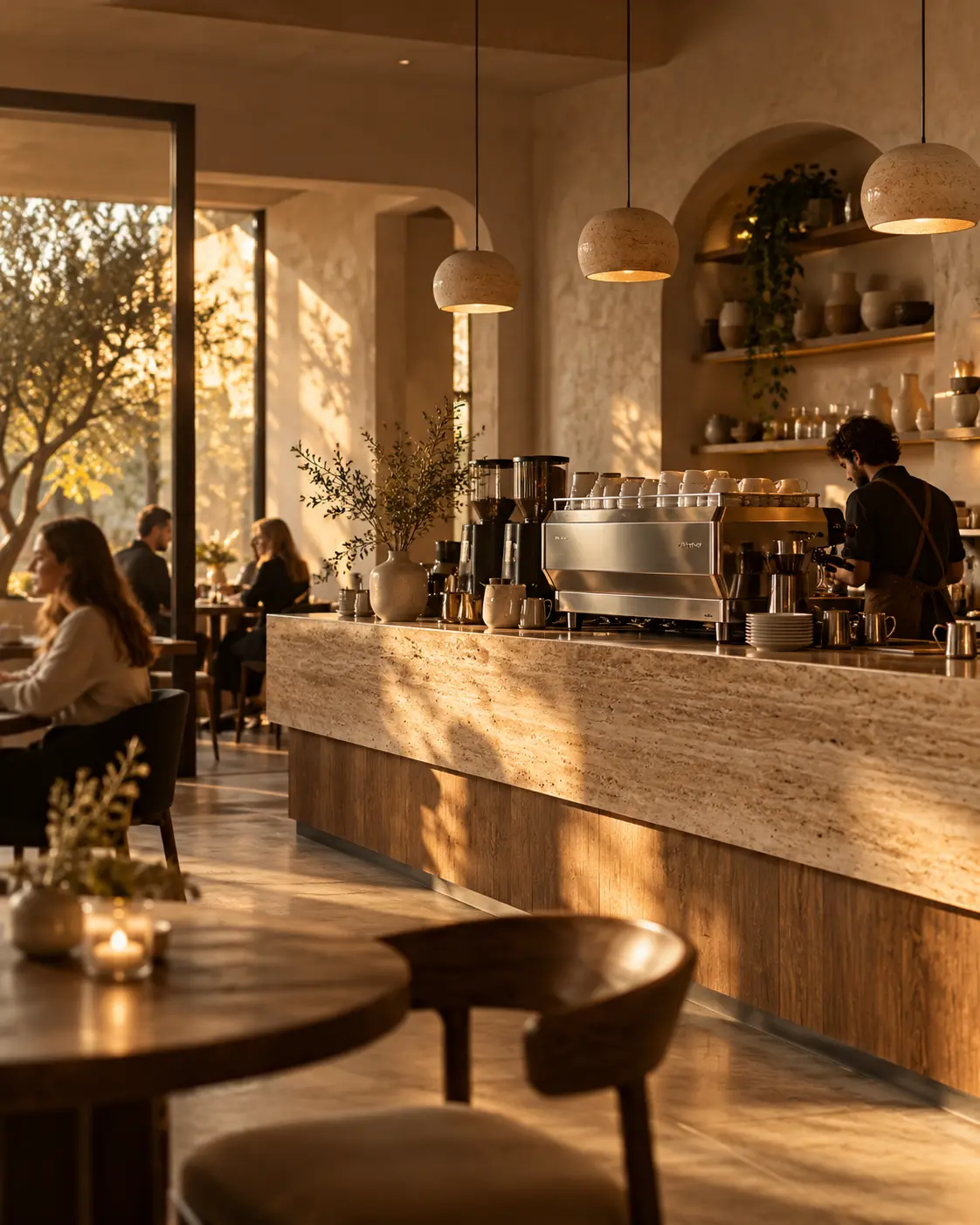 Interior of a modern minimalist specialty café at golden hour: warm oak and travertine bar, brushed steel espresso machine, soft pendant lights, cream lime-plaster walls, a few guests softly blurred, calm and luxurious, top of frame cropped into an arch, vertical 4:5. Ultra-realistic editorial coffee photography, brand palette of charcoal grey (#4B4A4A), warm stone grey (#6F6A63), soft gold (#BC9361) highlights and clean white, soft directional natural light, shallow depth of field, premium minimal art direction, high detail, no text, no logos, no watermark.