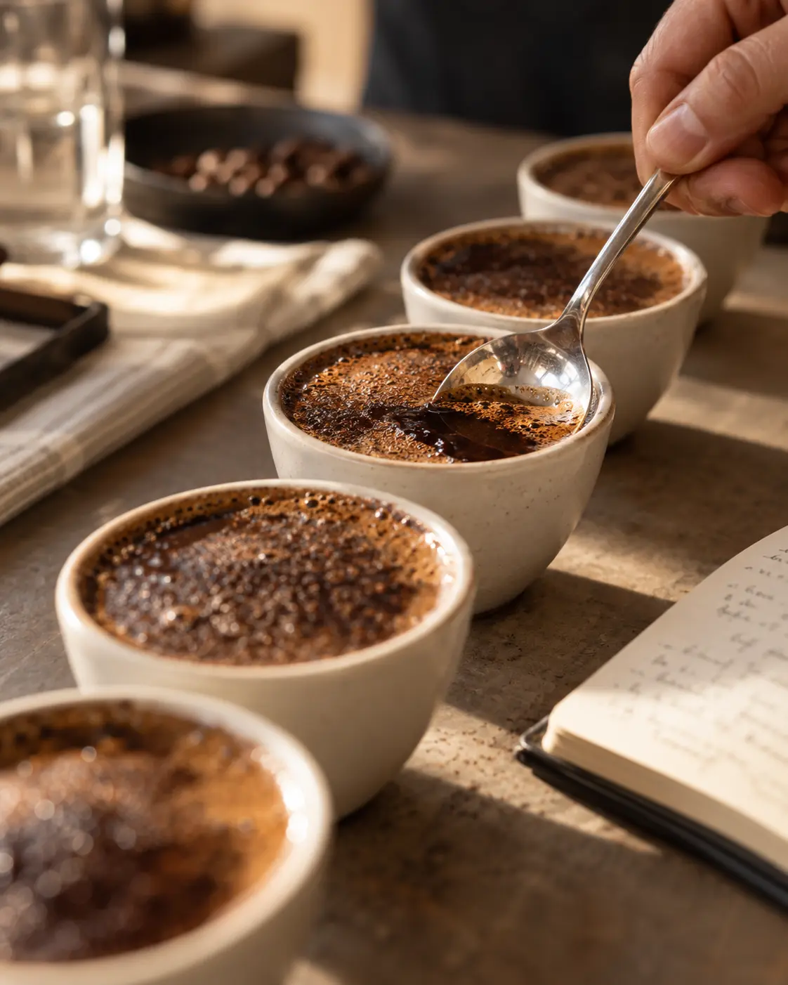 Professional coffee cupping session: a row of small ceramic cups with crusts of ground coffee, a silver cupping spoon breaking the crust, a notebook with blurred handwriting, vertical 3:4. Ultra-realistic editorial coffee photography, brand palette of charcoal grey (#4B4A4A), warm stone grey (#6F6A63), soft gold (#BC9361) highlights and clean white, soft directional natural light, shallow depth of field, premium minimal art direction, high detail, no text, no logos, no watermark.
