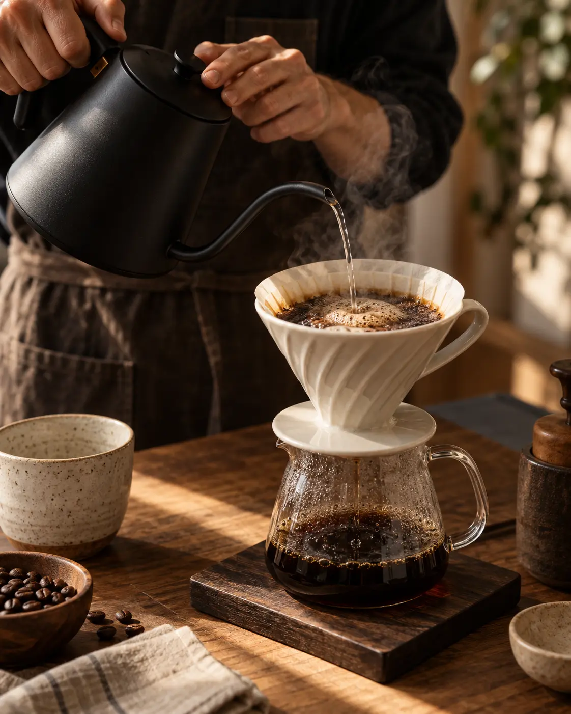 A barista’s hands performing a slow spiral pour-over with a matte black gooseneck kettle into a ceramic V60, bloom of coffee grounds, steam, vertical 3:4. Ultra-realistic editorial coffee photography, brand palette of charcoal grey (#4B4A4A), warm stone grey (#6F6A63), soft gold (#BC9361) highlights and clean white, soft directional natural light, shallow depth of field, premium minimal art direction, high detail, no text, no logos, no watermark.